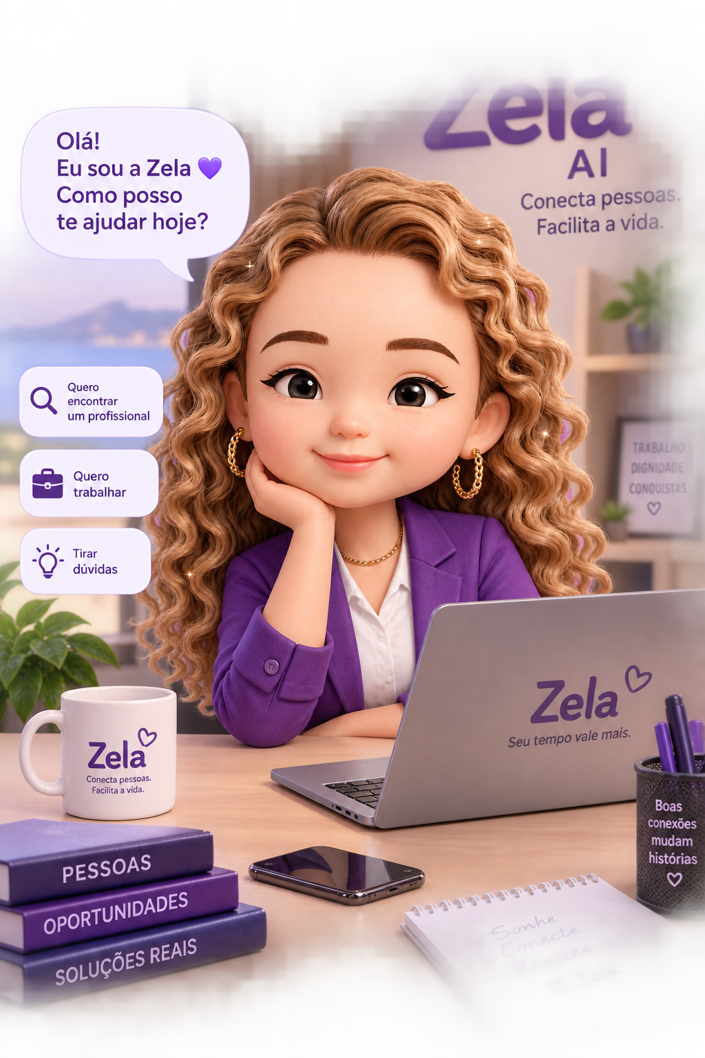 Zela, assistente virtual, recebendo visitantes na recepção digital da Zela-AI